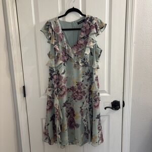 Ralph Lauren Floral Ruffle Trim Georgette Dress-Green Size 16